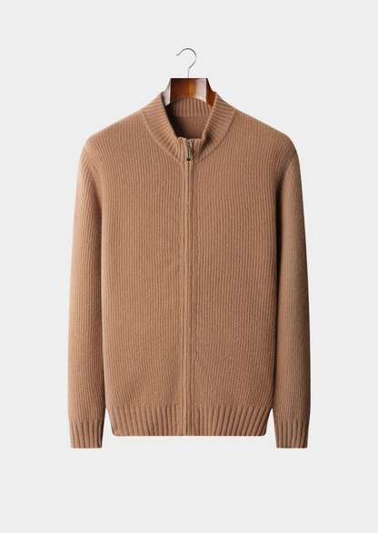 Pure Cashmere Mustard Ribbed Zip Cardigan, view 1