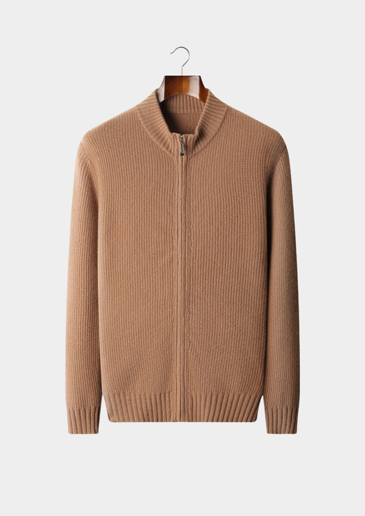 Pure Cashmere Mustard Ribbed Zip Cardigan, view 1