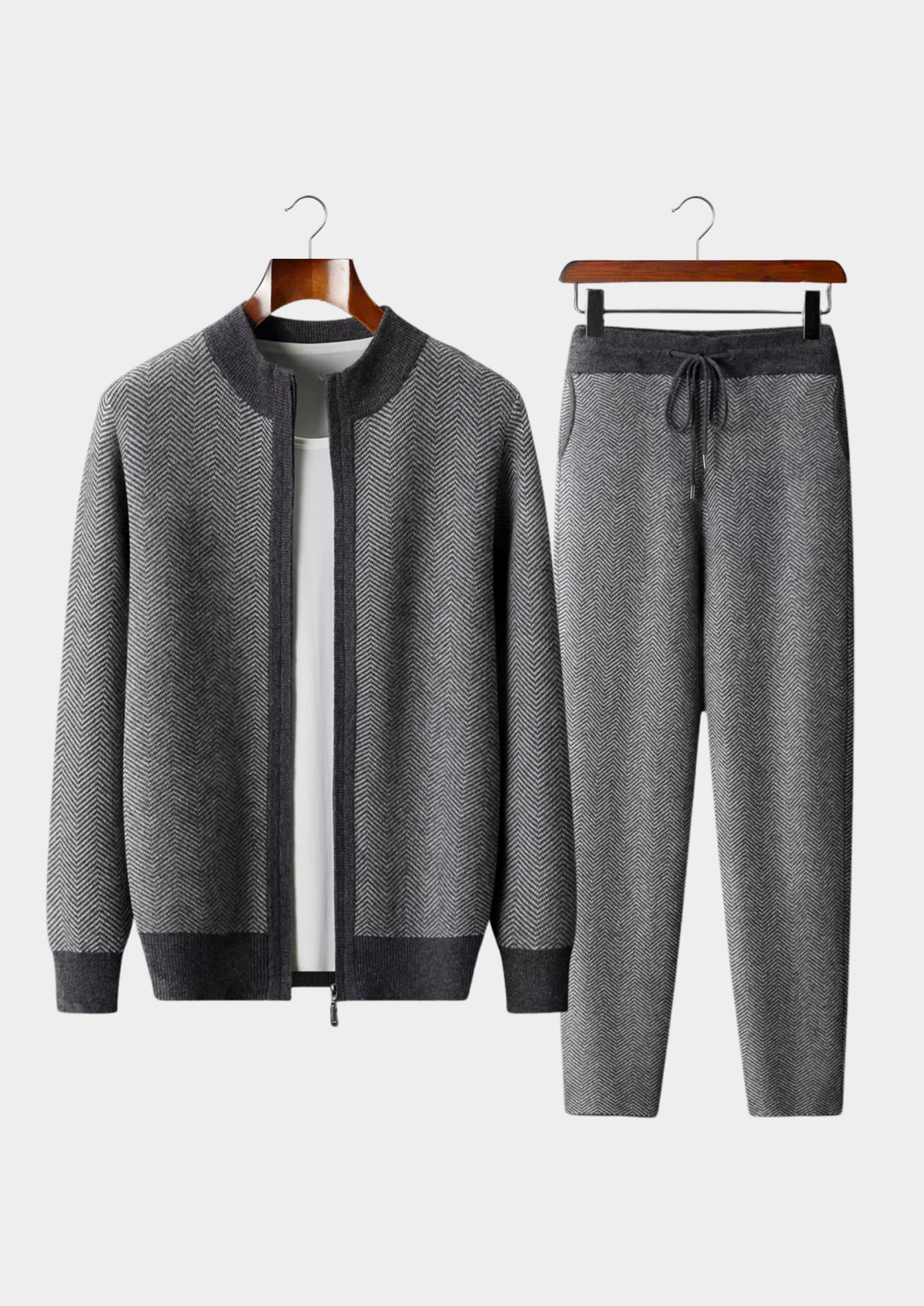 Pure Extra-Fine Merino Wool Gray Herringbone Set, view 1