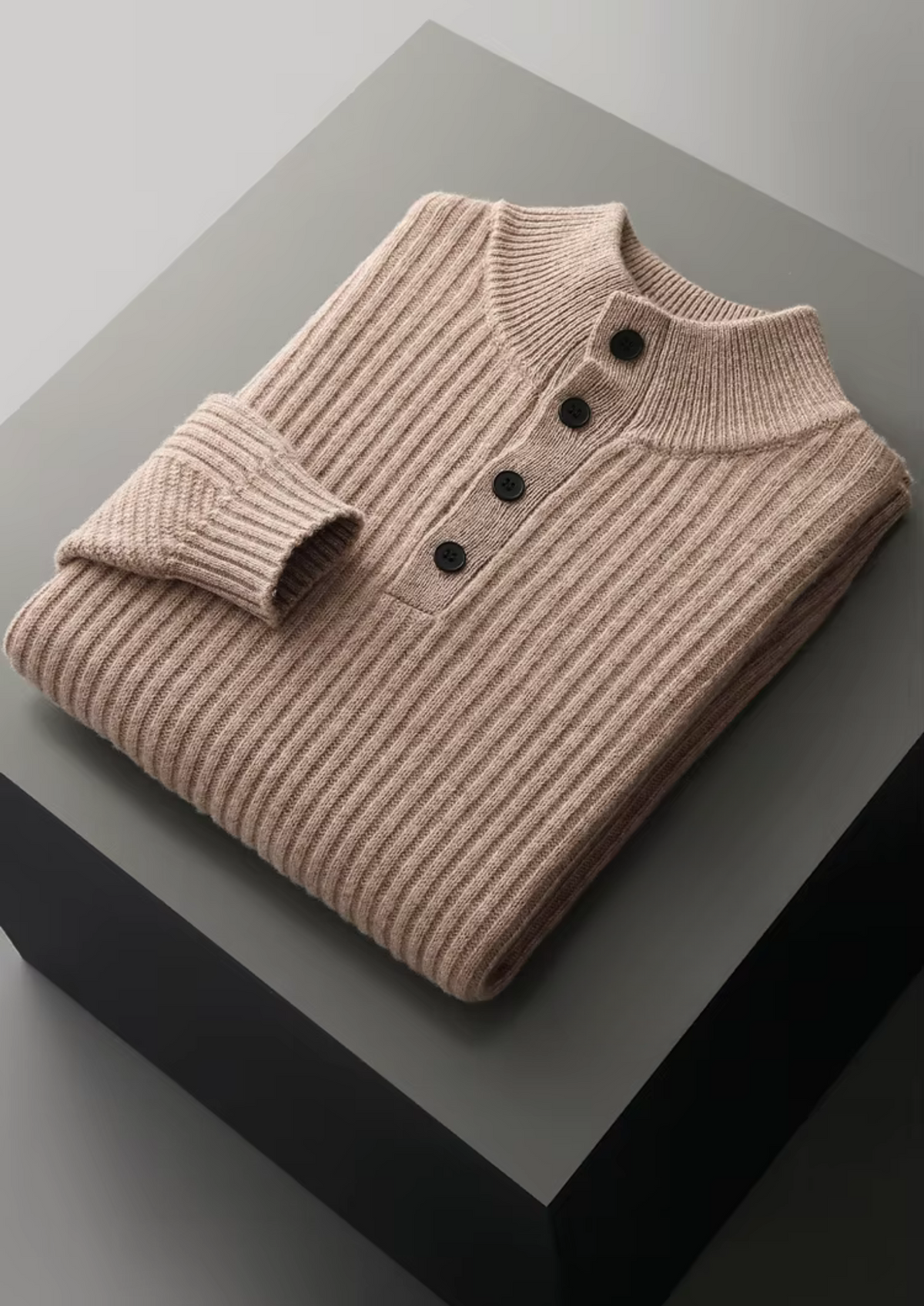 Pure Extra-Fine Merino Wool Ribbed Henley Sweater, view 3