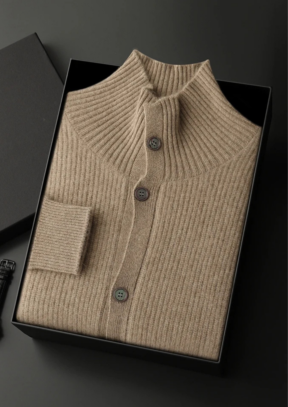 Premium Cashmere Ribbed High Collar Cardigan, view 7