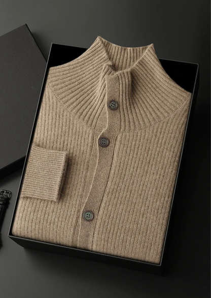 Premium Cashmere Ribbed High Collar Cardigan, view 7
