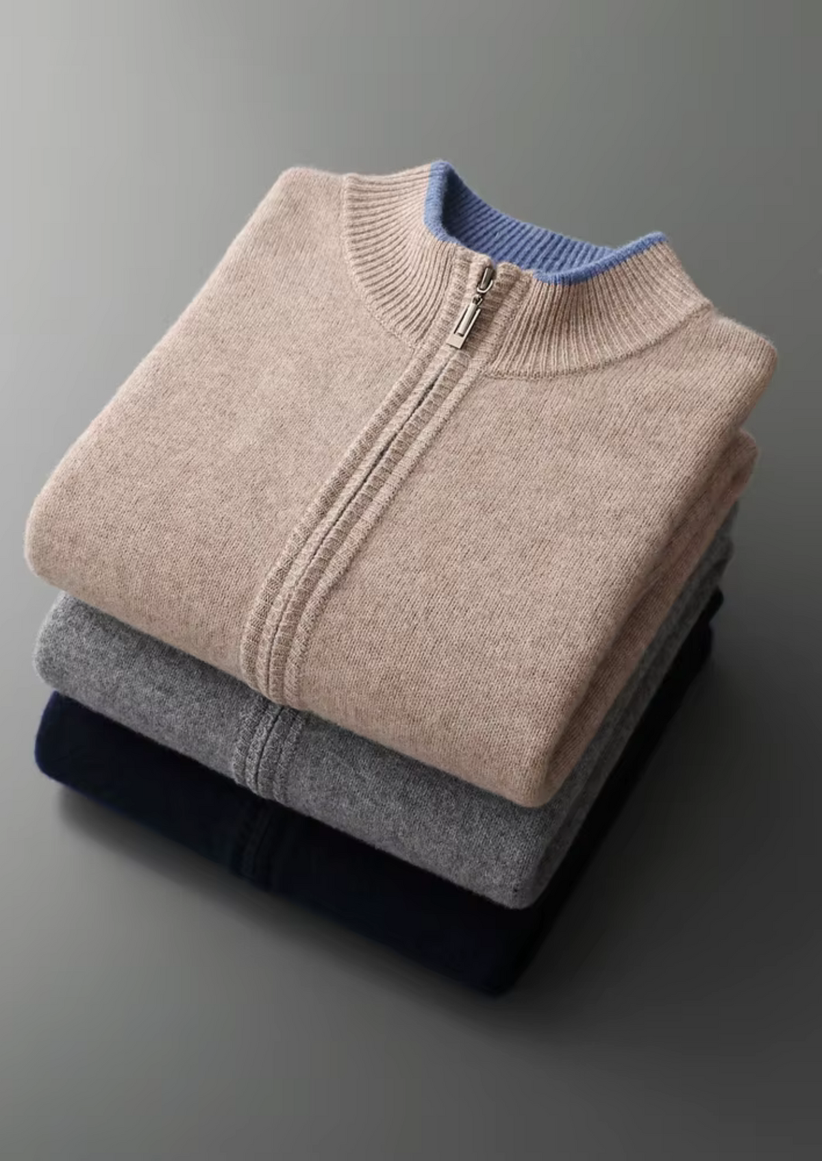 Pure Extra-Fine Merino Wool Two-Tone Zip Cardigan, view 17
