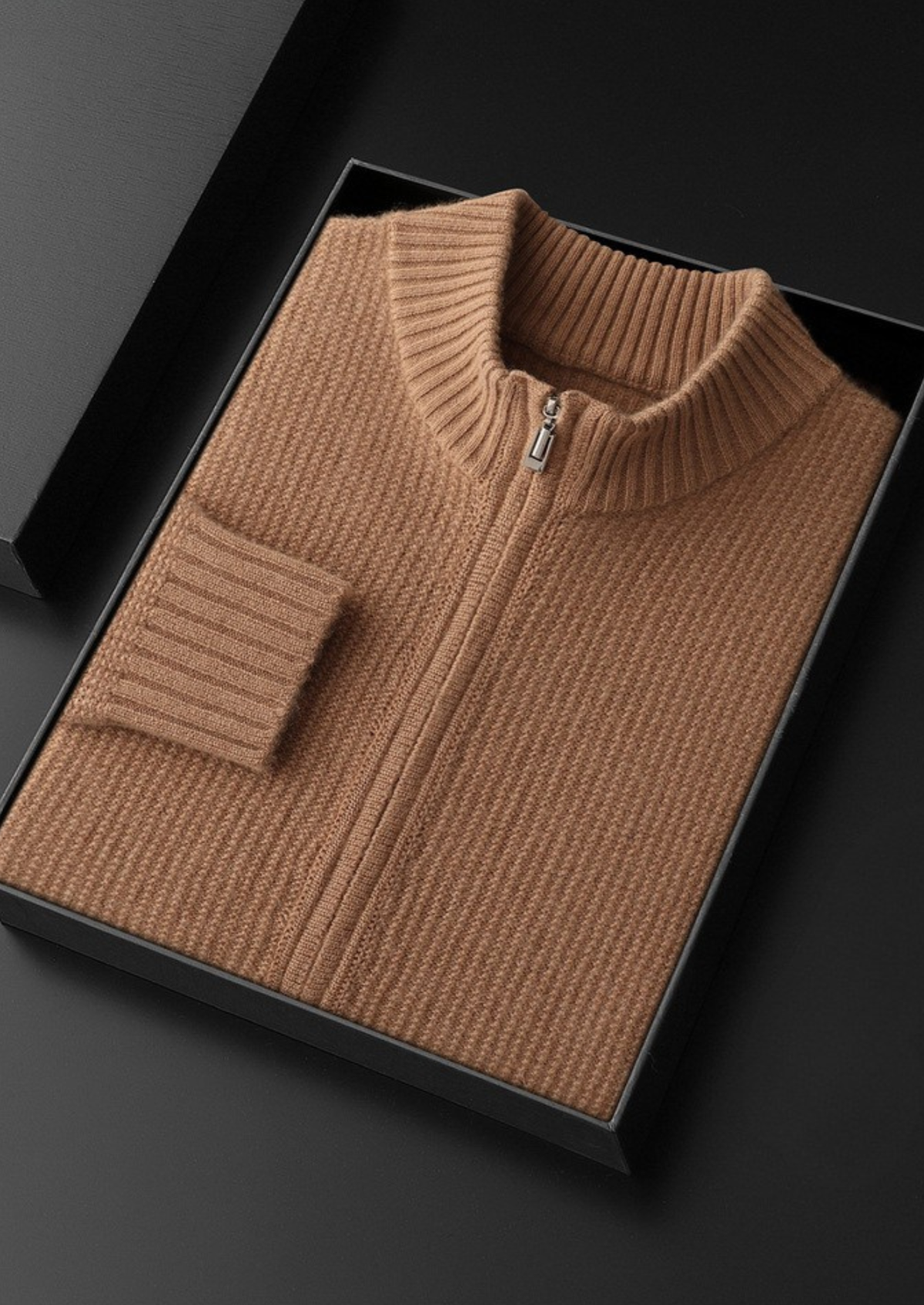 Pure Cashmere Mustard Ribbed Zip Cardigan, view 3