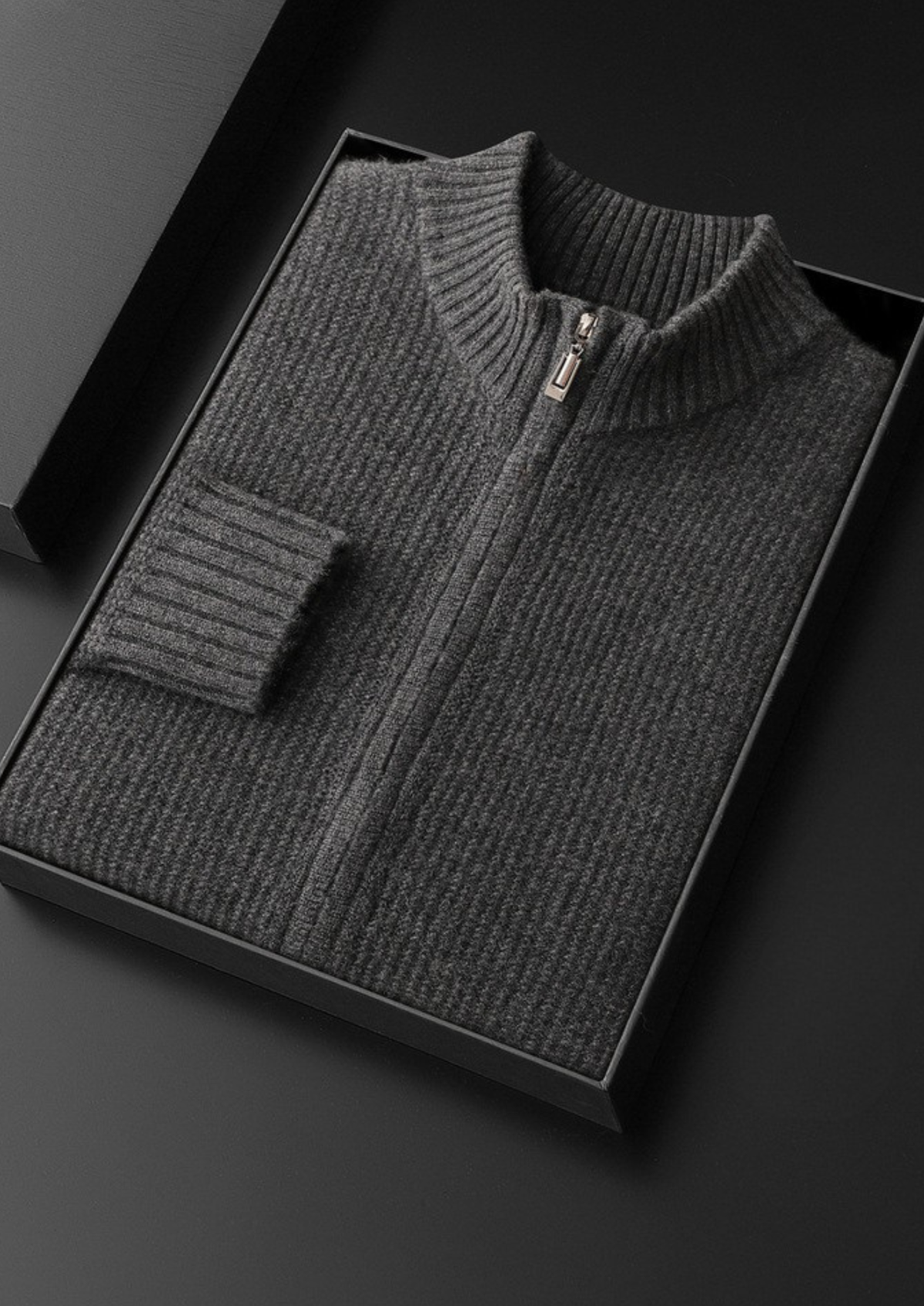 Pure Cashmere Dark Gray Ribbed Zip Cardigan, view 2