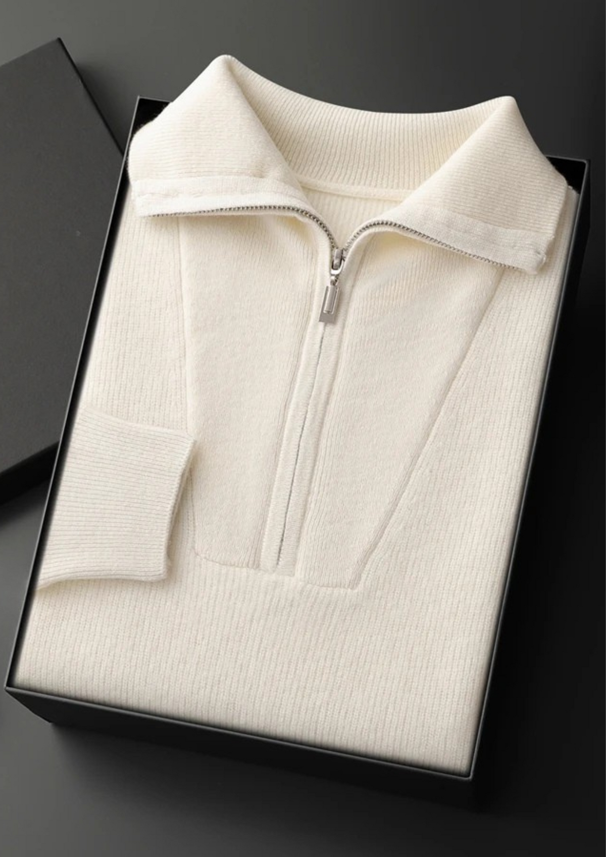 Premium Cashmere Ribbed Half-Zip Sweater, view 4
