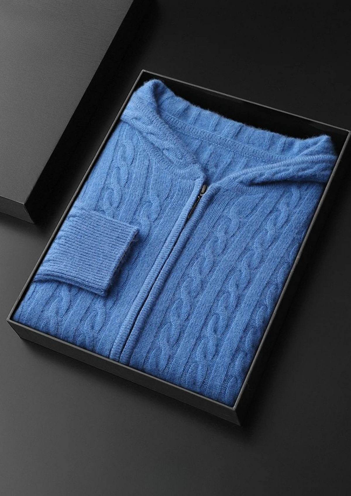 Premium Cashmere Cable Knit Zipper Hoodie, view 3