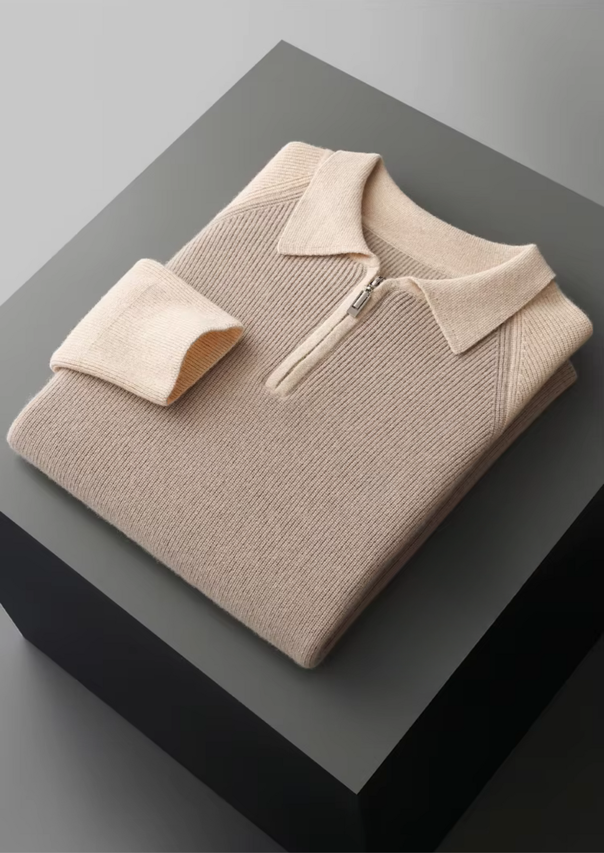 Pure Extra-Fine Merino Wool Two Tone Zipper Sweater Polo, view 3