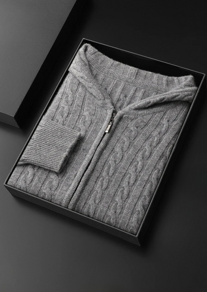 Premium Cashmere Cable Knit Zipper Hoodie, view 8