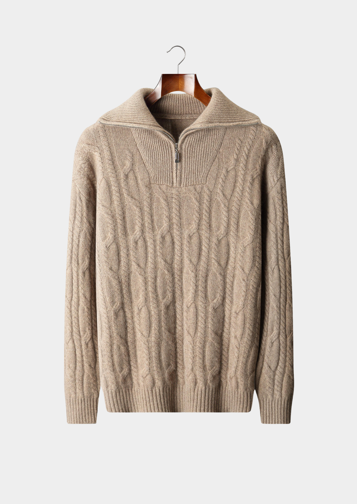 Pure Cashmere Beige Cable Half Zip Sweater, view 1
