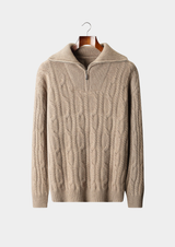 Pull demi-zip torsadé en pur cachemire beige