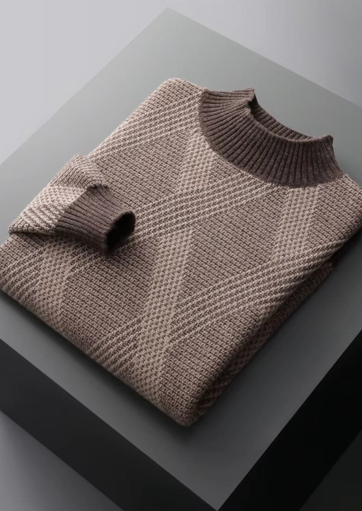 Pure Extra-Fine Merino Wool Two Tone Patterned Mockneck, view 8