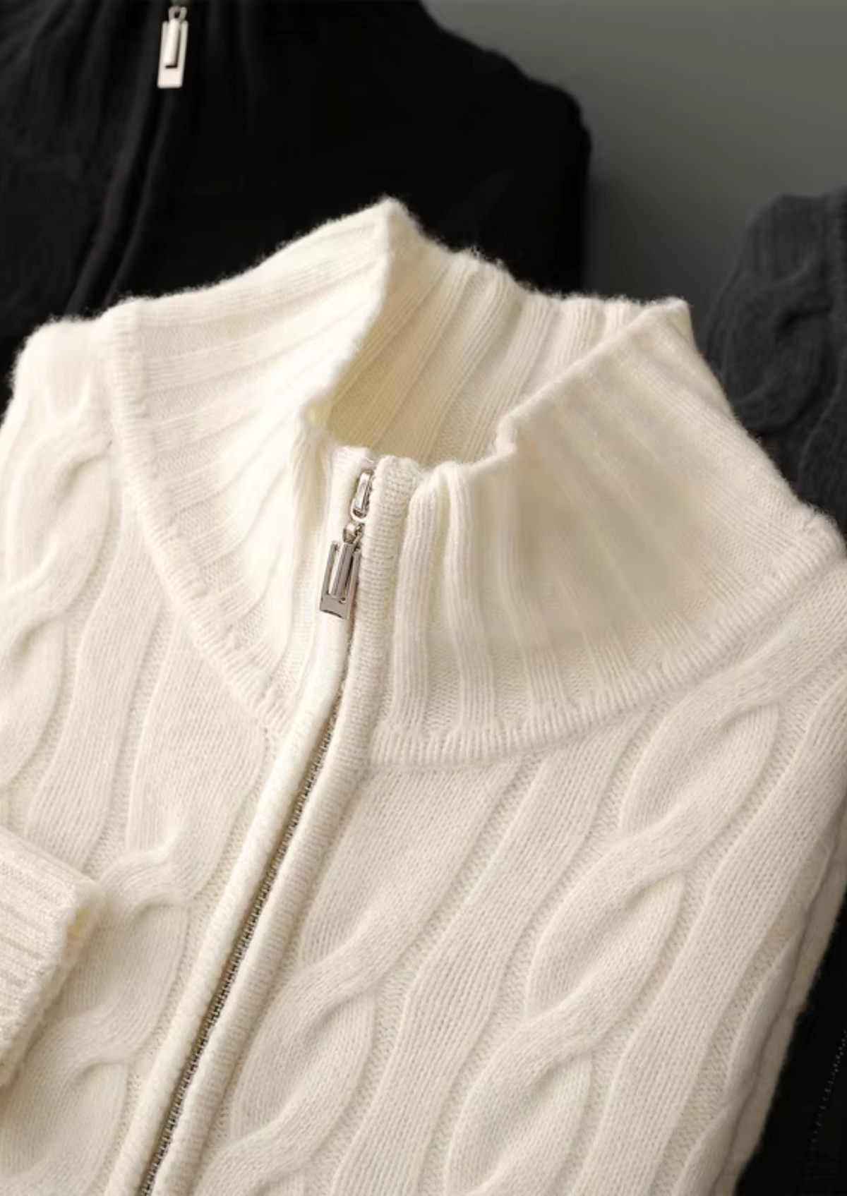 Pure Extra-Fine Merino Wool Dual-Zip Cable Cardigan, view 11