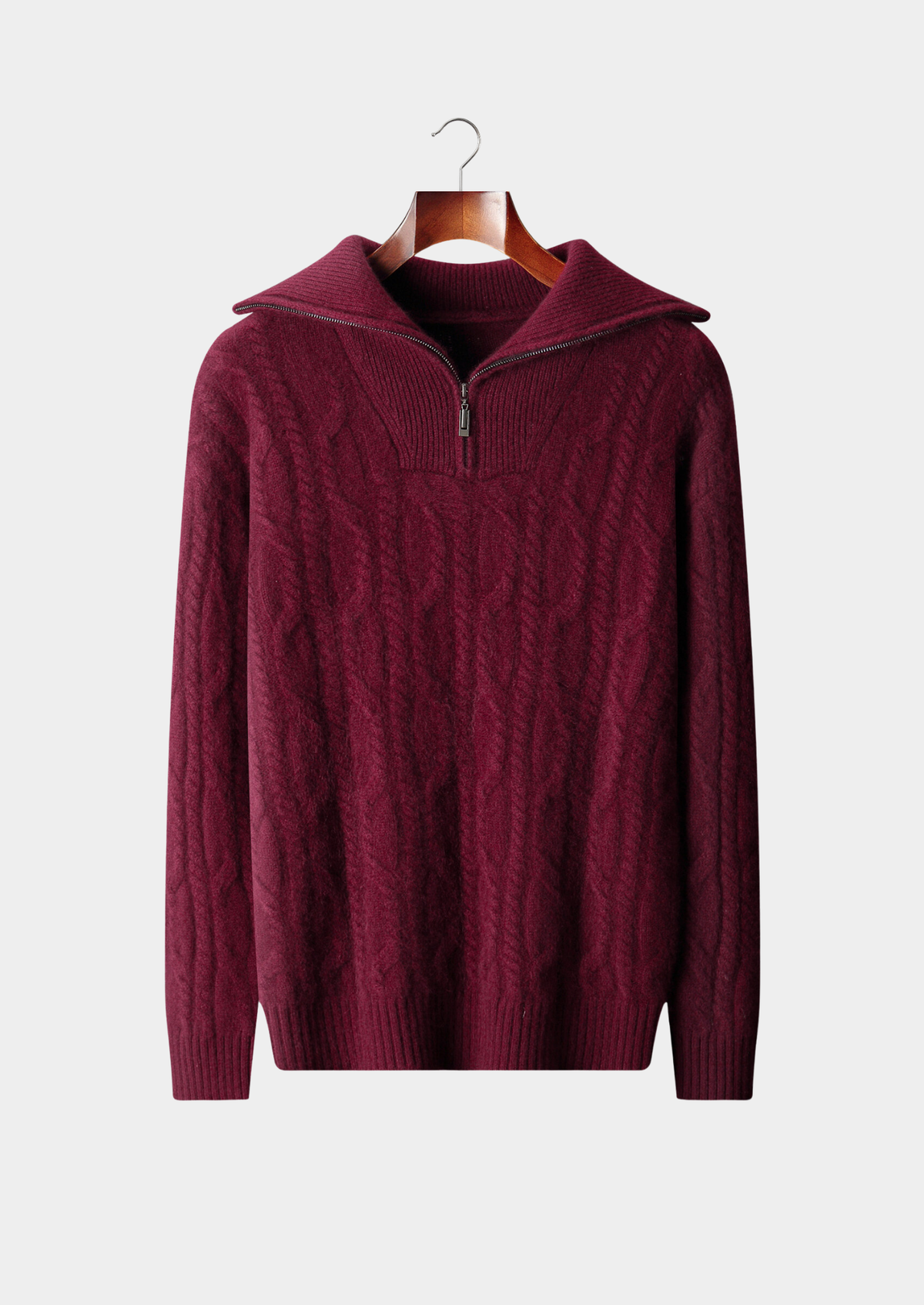 Pure Cashmere Burgundy Cable Half Zip Sweater, view 1