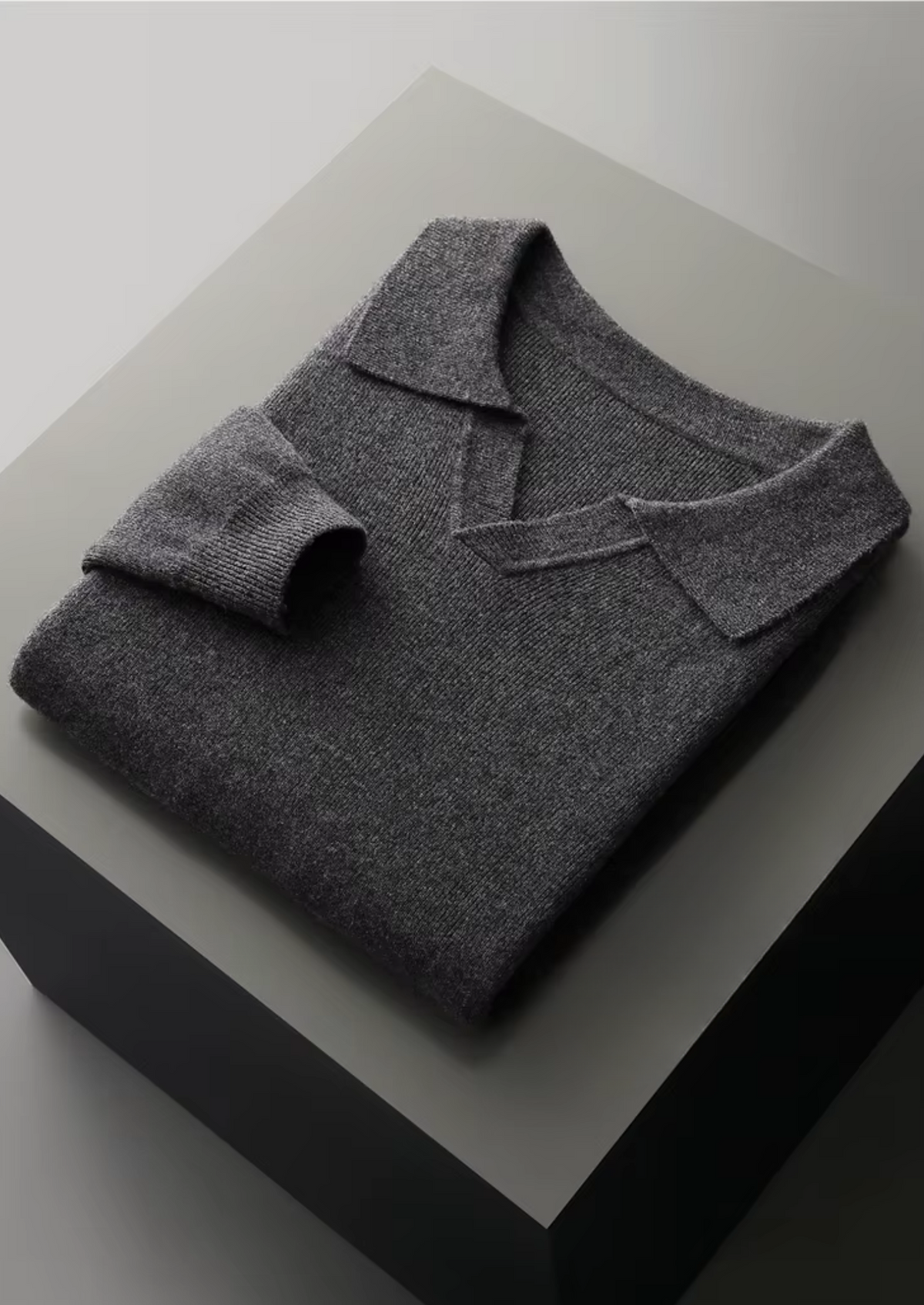 Pure Extra-Fine Merino Wool Ribbed Buttonless Polo, view 2