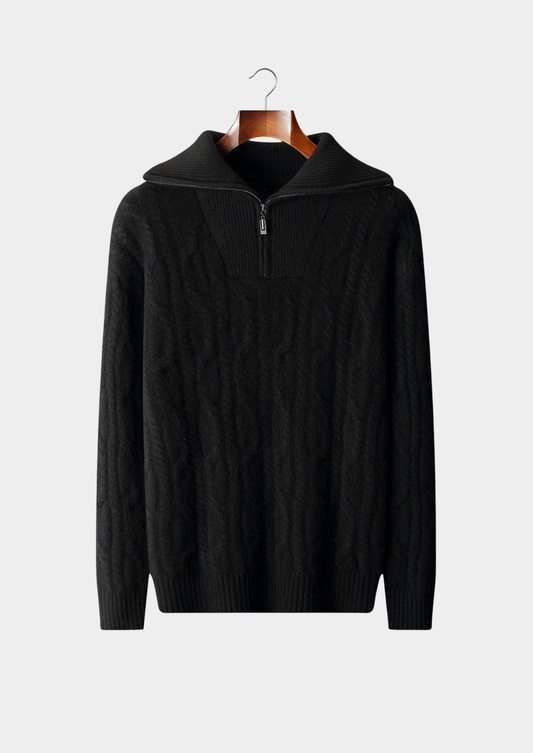 Pure Cashmere Black Cable Half Zip Sweater, view 1