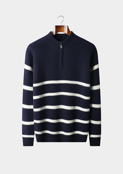 Pure Extra-Fine Merino Wool Striped Half-Zip Sweater, view 1