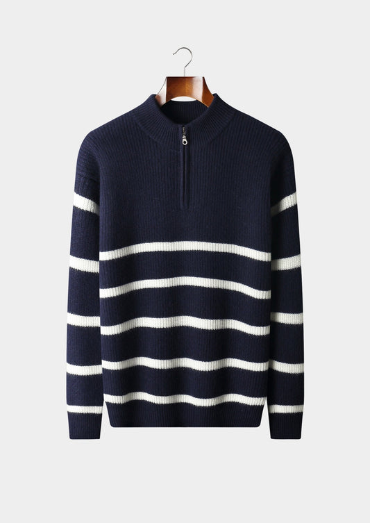 Pure Extra-Fine Merino Wool Striped Half-Zip Sweater, view 1
