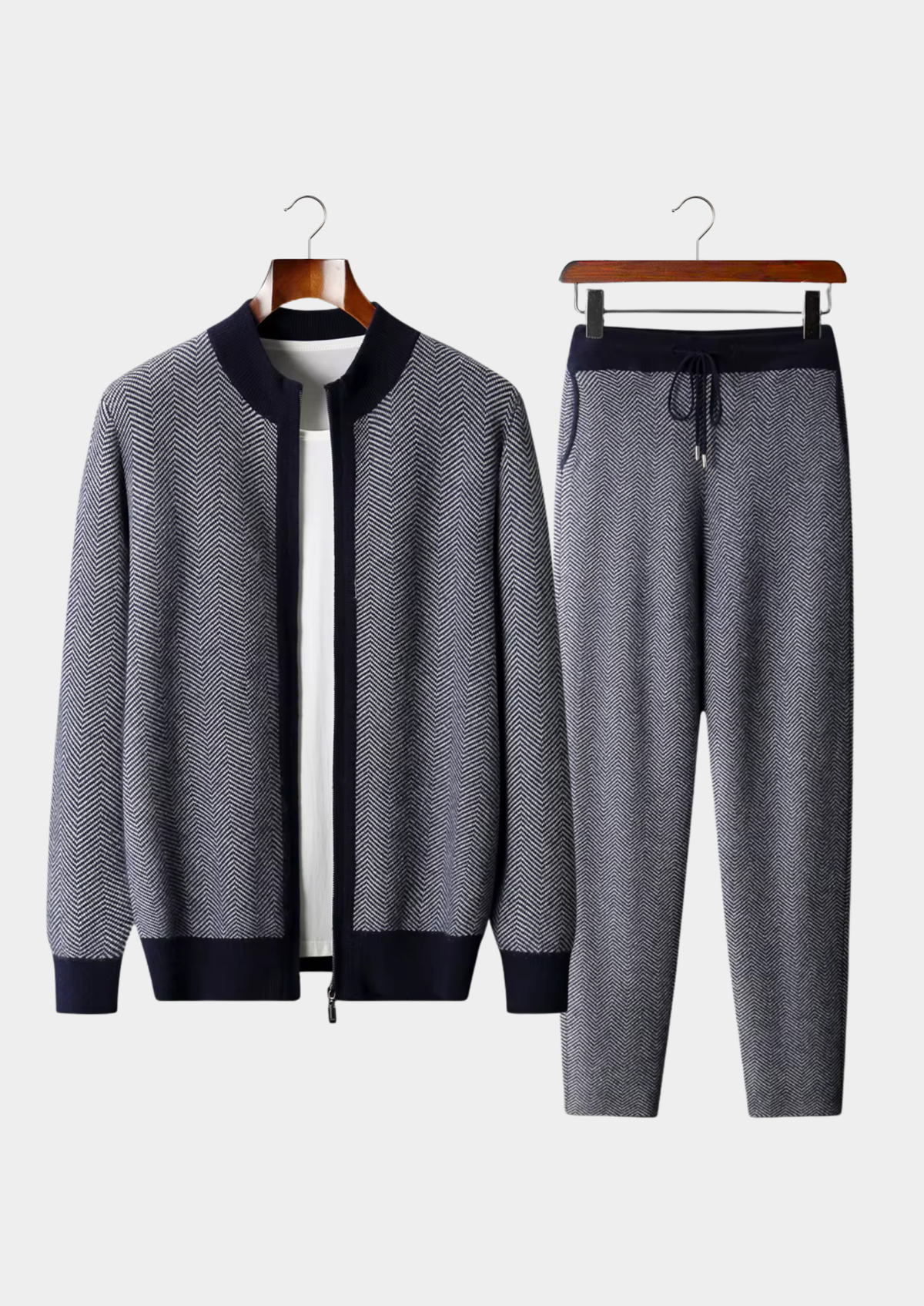 Pure Extra-Fine Merino Wool Navy Blue Herringbone Set, view 1
