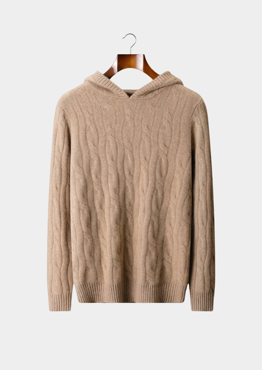 Pure Cashmere Sand Cable Knit Hoodie, view 1