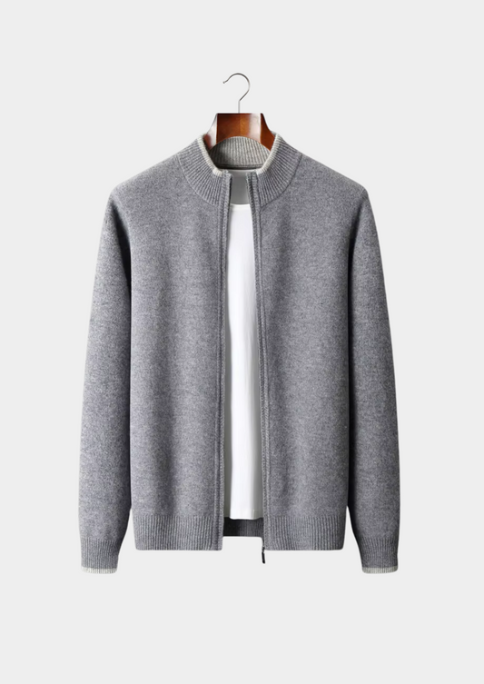 Pure Extra-Fine Merino Wool Two-Tone Zip Cardigan, view 1