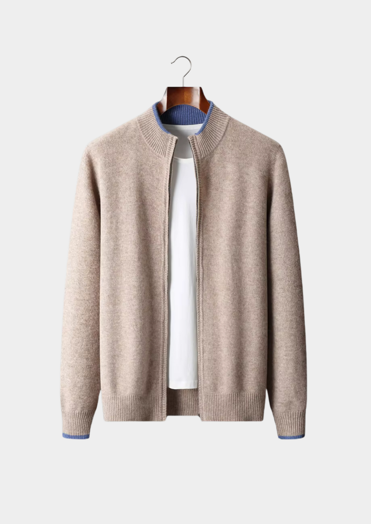 Pure Extra-Fine Merino Wool Two-Tone Zip Cardigan, view 11