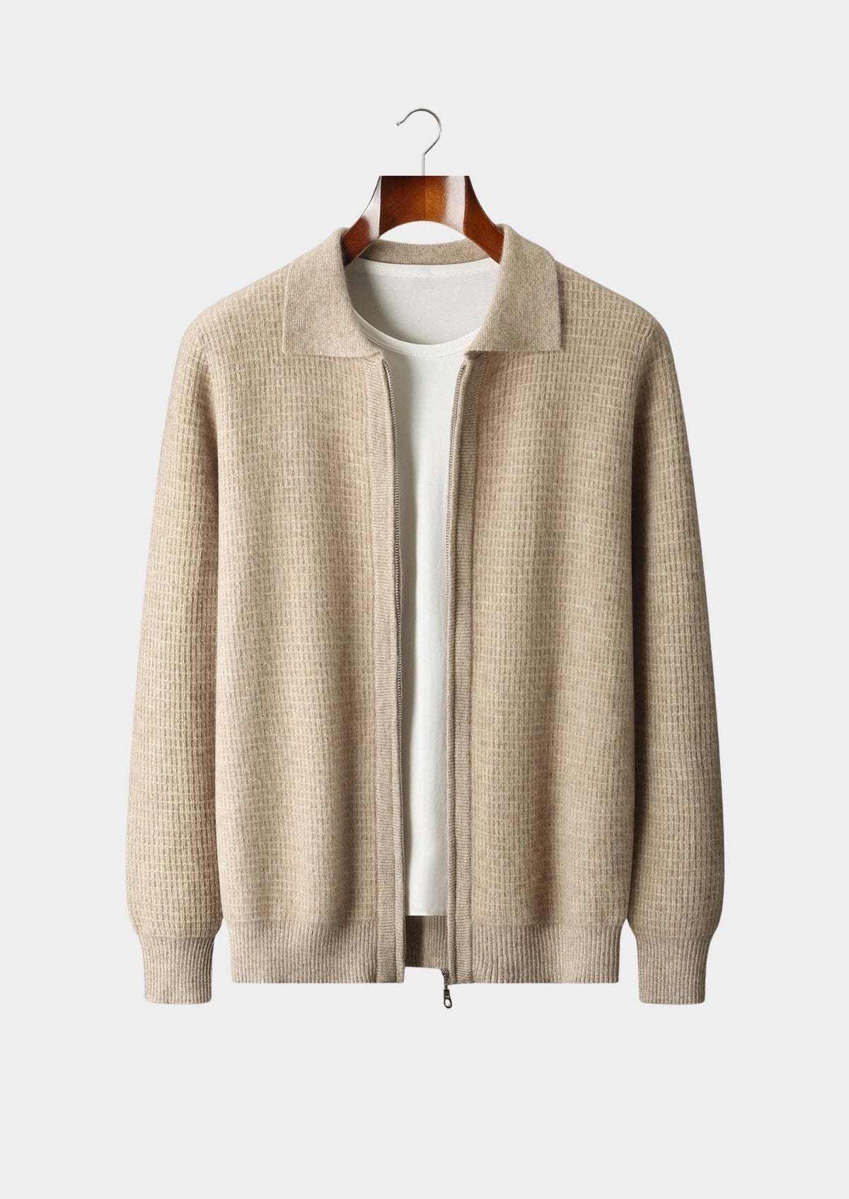 Pure Extra-Fine Merino Wool Textured Zip Polo Cardigan, view 4