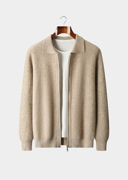 Pure Extra-Fine Merino Wool Textured Zip Polo Cardigan, view 4