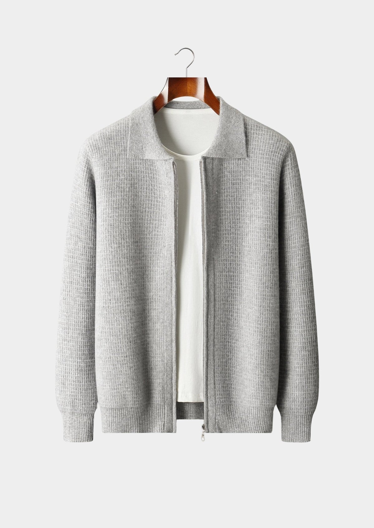Pure Extra-Fine Merino Wool Textured Zip Polo Cardigan, view 1