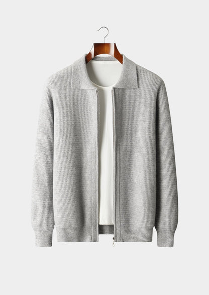 Pure Extra-Fine Merino Wool Textured Zip Polo Cardigan, view 1