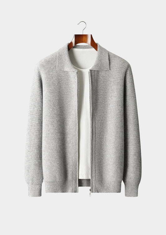 Pure Extra-Fine Merino Wool Textured Zip Polo Cardigan, view 1