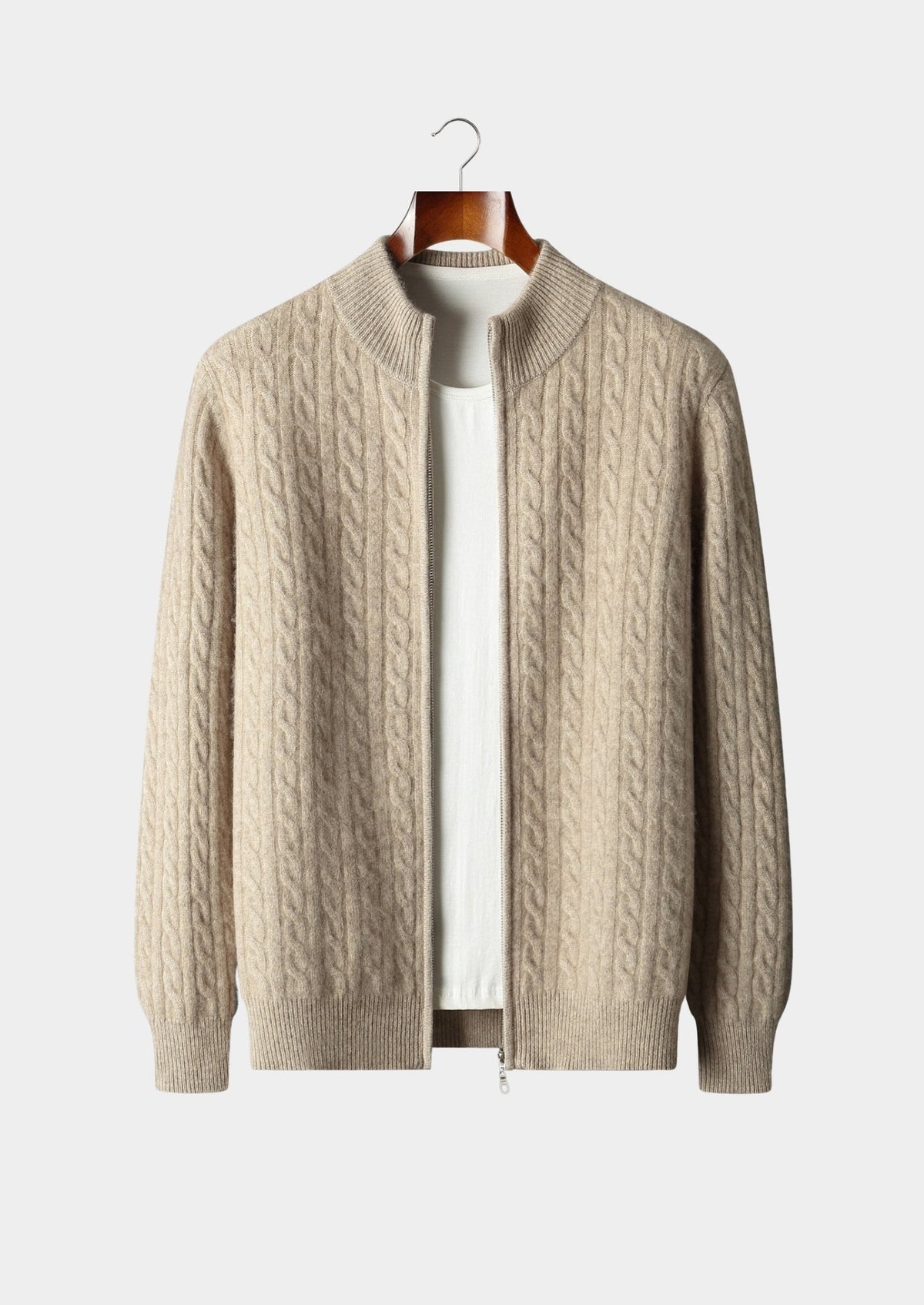 Pure Extra-Fine Merino Wool Cable Knit Zip Cardigan, view 1