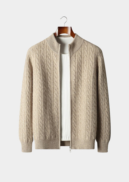 Pure Extra-Fine Merino Wool Cable Knit Zip Cardigan, view 1