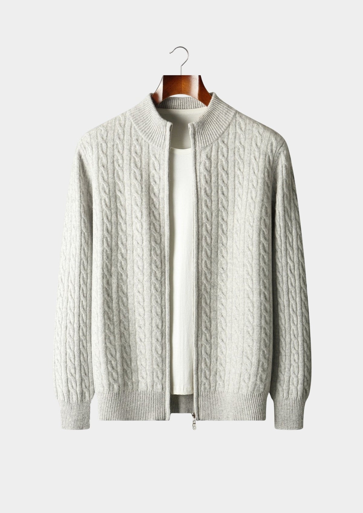 Pure Extra-Fine Merino Wool Cable Knit Zip Cardigan, view 10