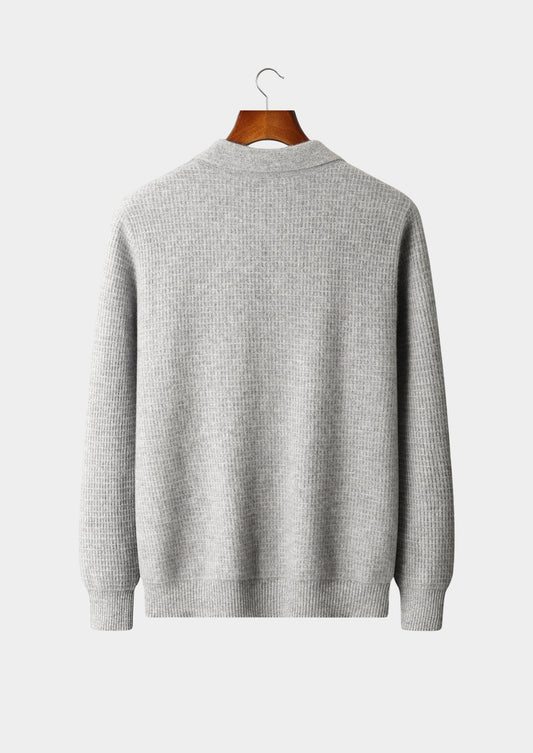 Pure Extra-Fine Merino Wool Textured Zip Polo Cardigan, view 2
