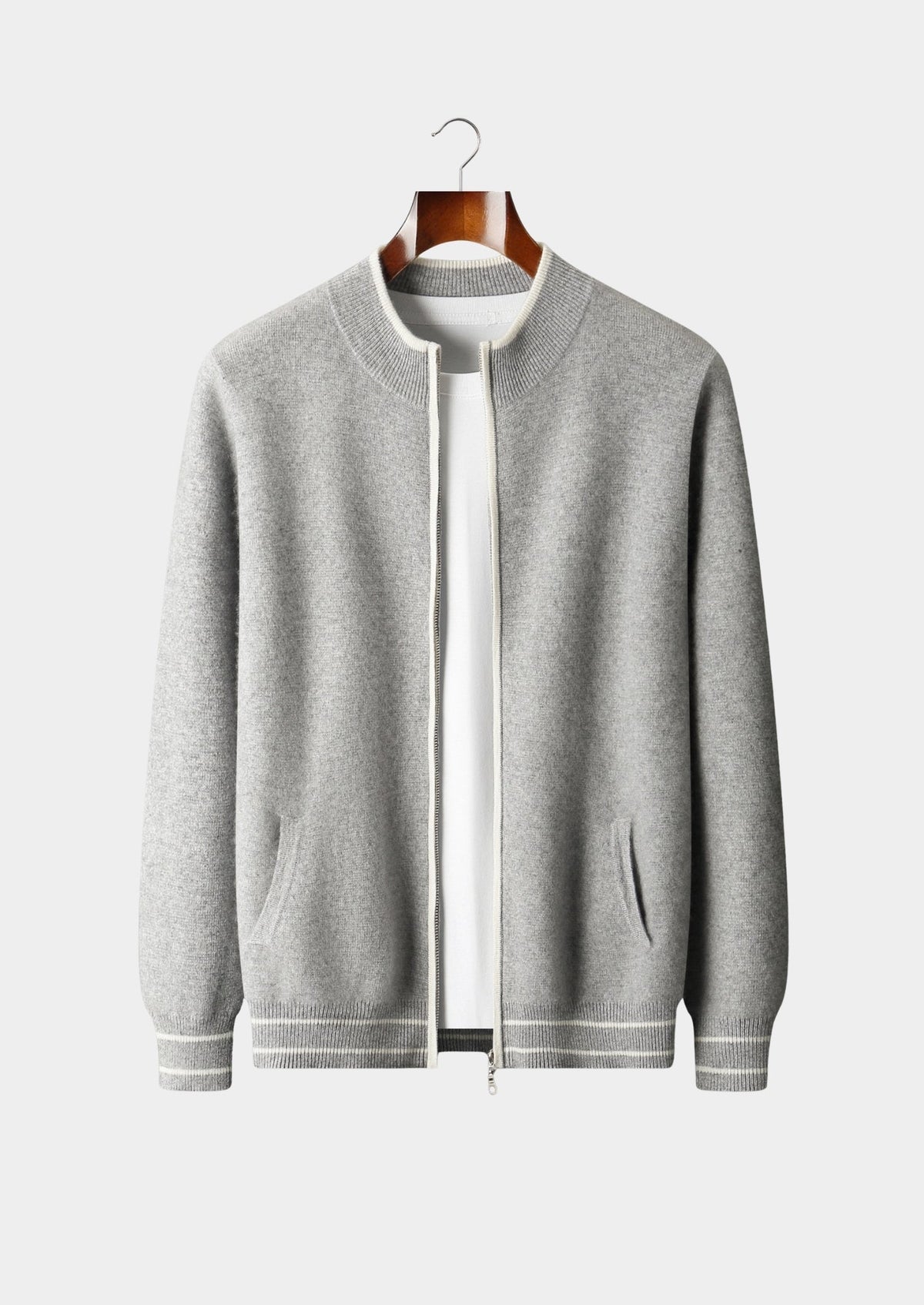 Pure Extra-Fine Merino Wool Contrast Zip Cardigan, view 1