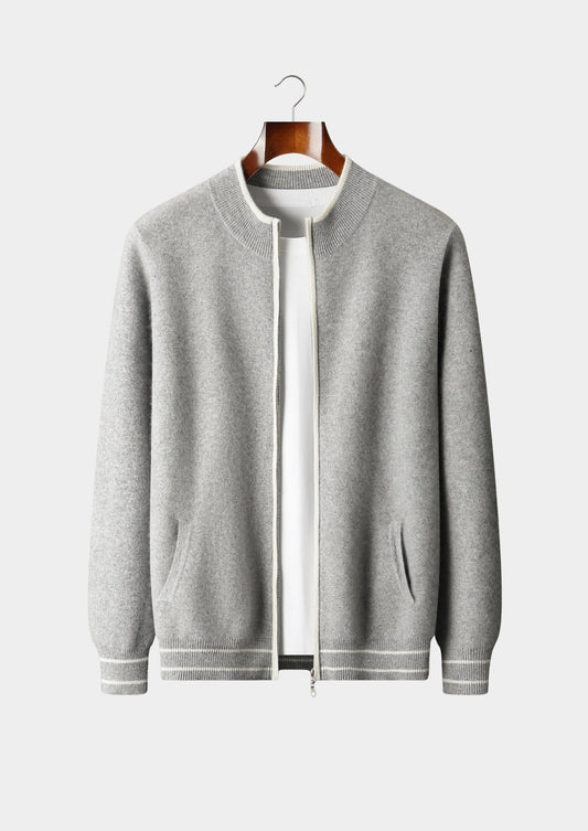 Pure Extra-Fine Merino Wool Contrast Zip Cardigan, view 1