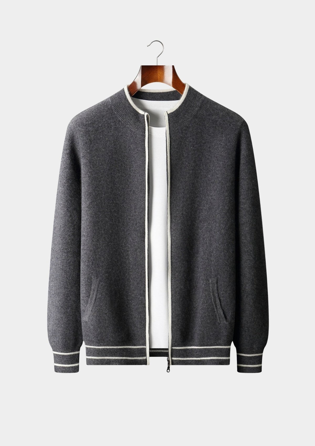 Pure Extra-Fine Merino Wool Contrast Zip Cardigan, view 25