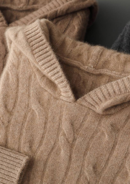 Pure Cashmere Sand Cable Knit Hoodie, view 3