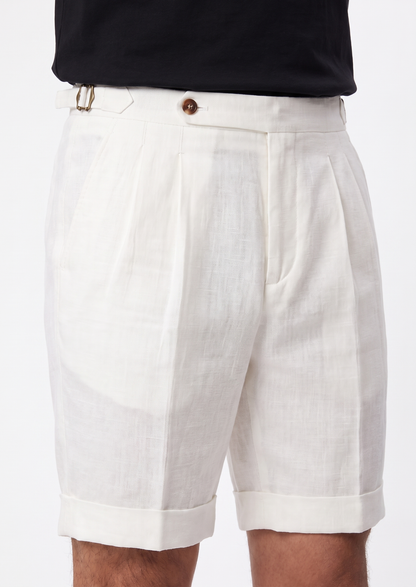White Pleated Linen Positano Shorts, view 2