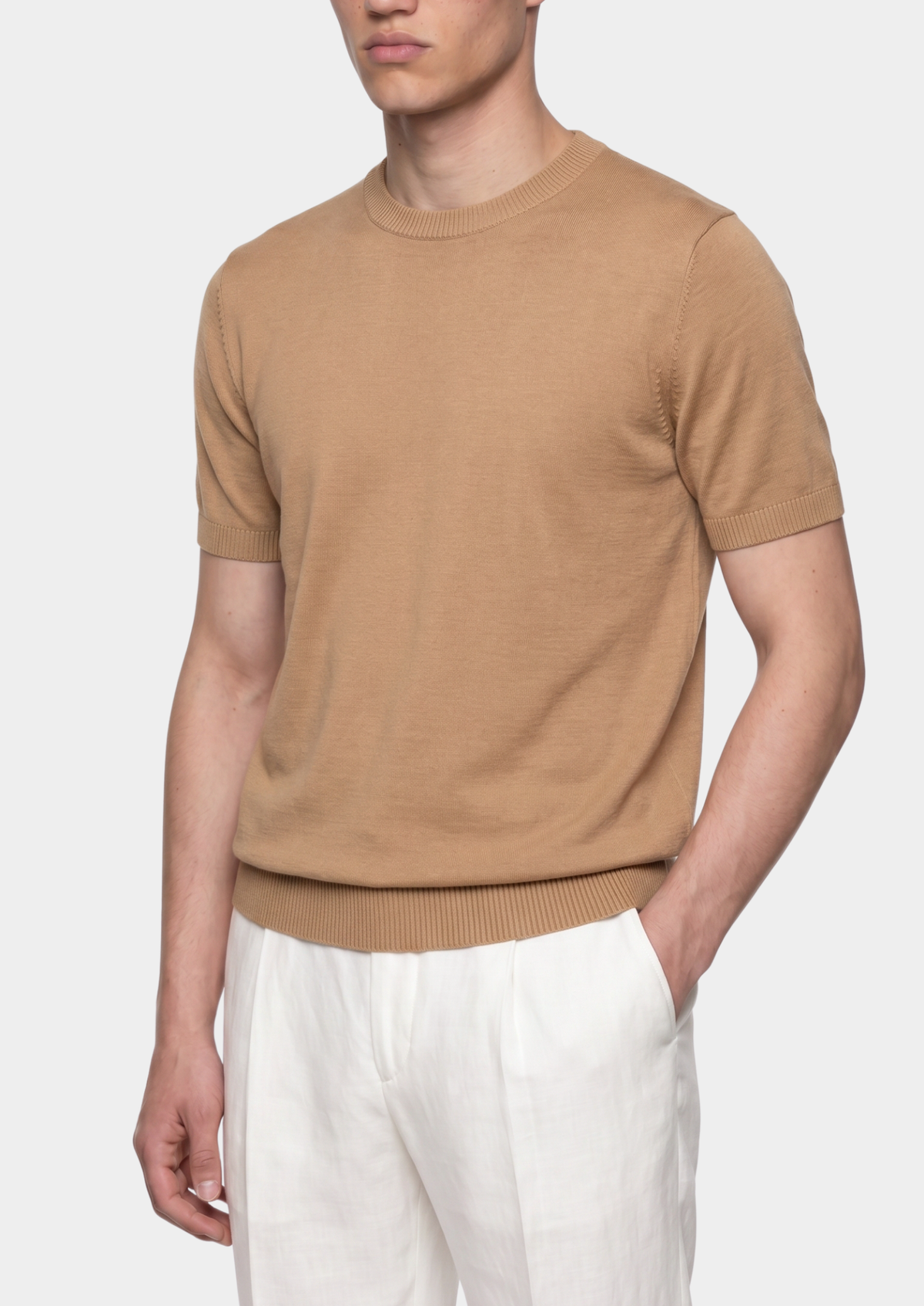 Essential Beige Knitted Crewneck T-Shirt, view 1