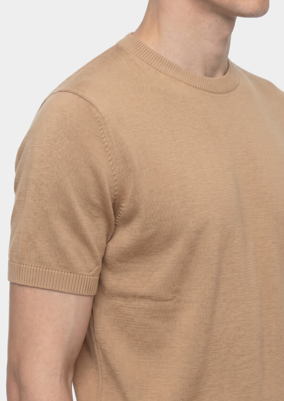 Essential Beige Knitted Crewneck T-Shirt, view 3