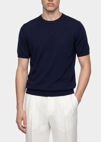 Essential Navy Blue Knitted Crewneck T-Shirt, view 1