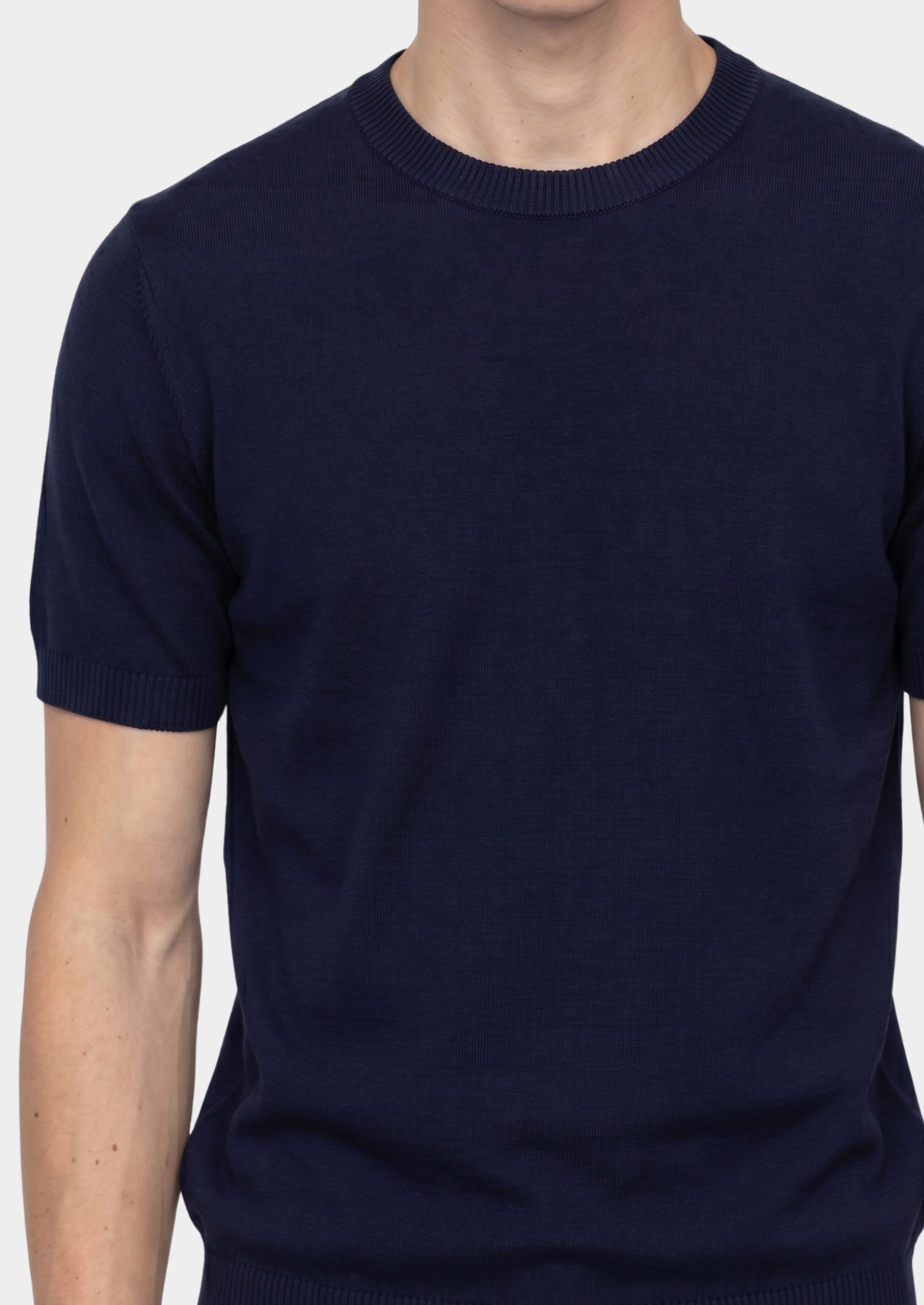 Essential Navy Blue Knitted Crewneck T-Shirt, view 3