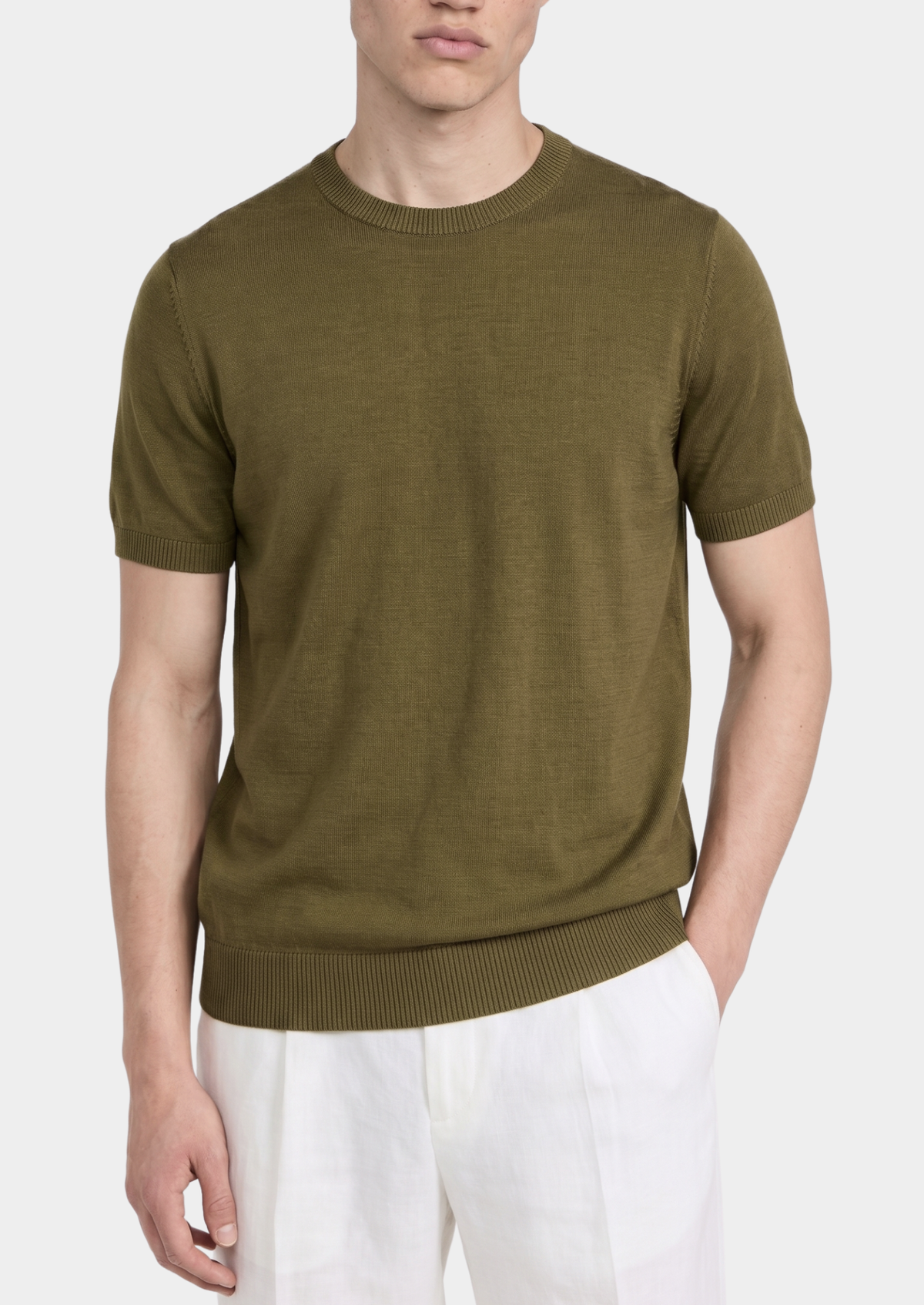 Essential Olive Knitted Crewneck T-Shirt, view 1
