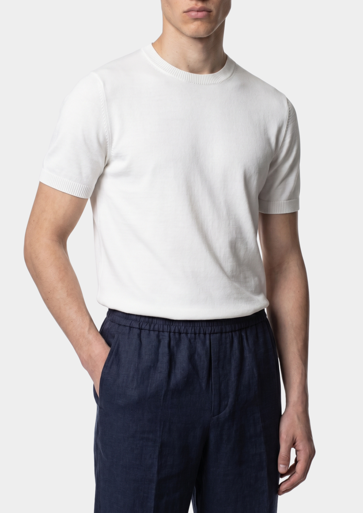 Essential White Knitted Crewneck T-Shirt, view 3