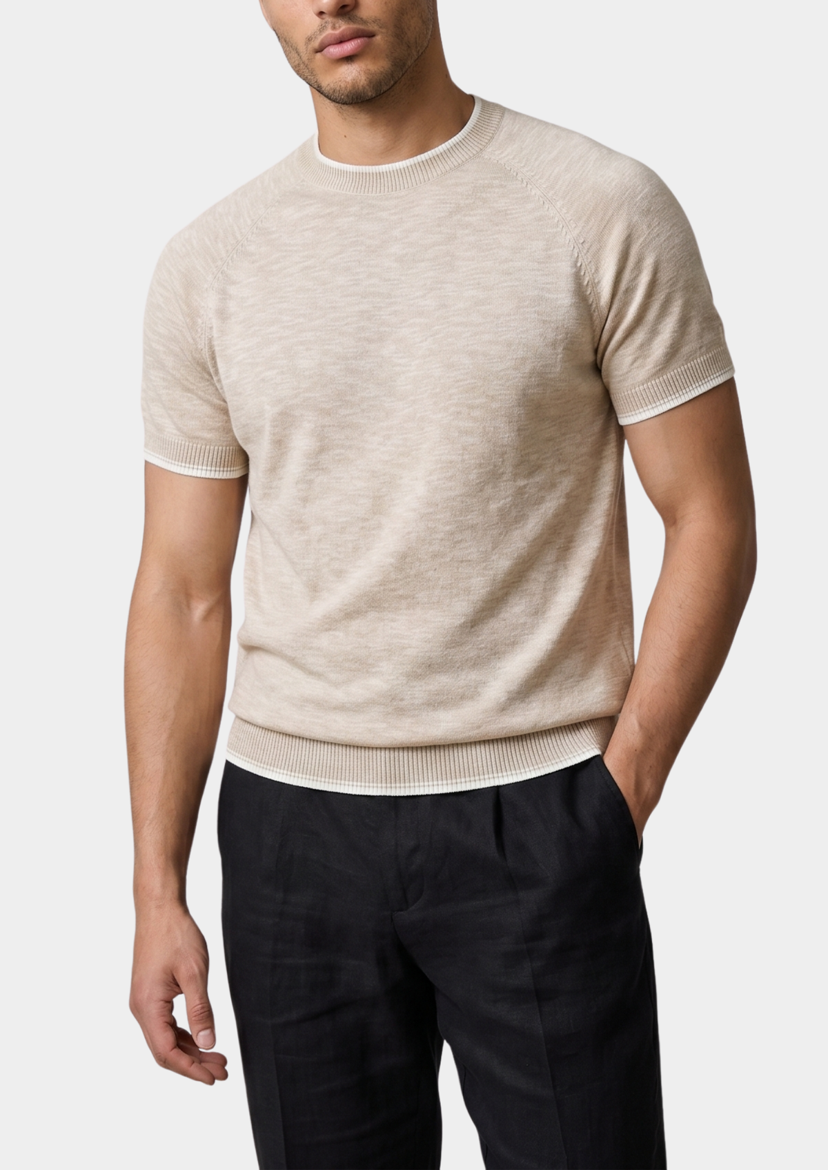 Capri Beige Linen Contrast T-Shirt, view 1