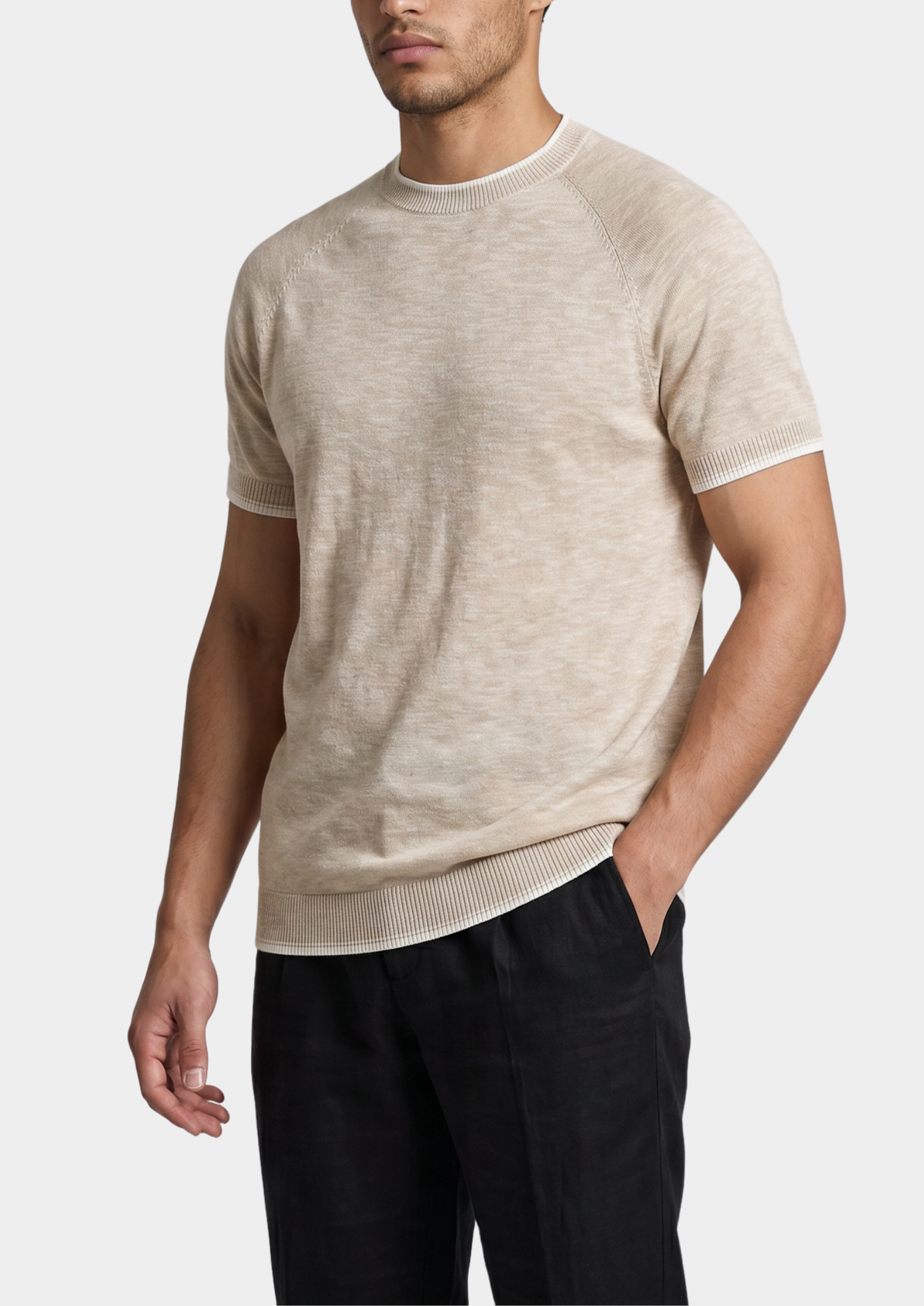 Capri Beige Linen Contrast T-Shirt, view 3
