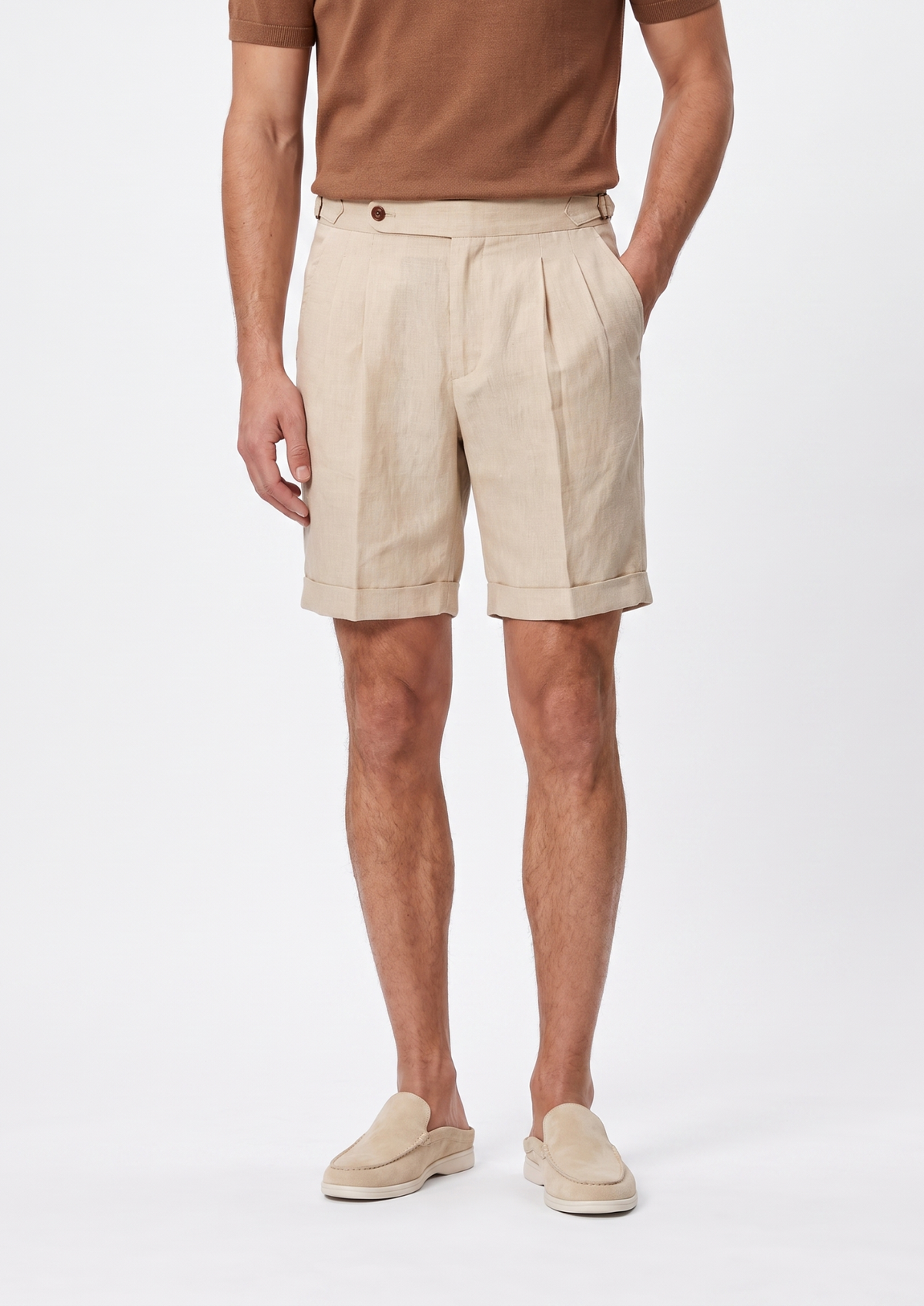 Sand Pleated Linen Positano Shorts, view 3