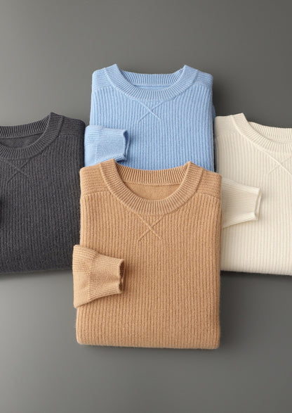 Pure Extra-Fine Merino Wool Ribbed Crewneck Sweater, view 16